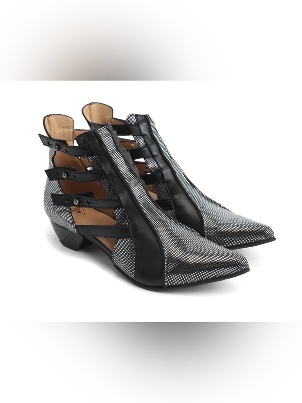 John Fluevog Black and Silver Cutout Pointed Ankle Booties